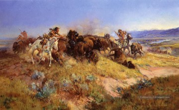 chasse au bison no 40 1919 Charles Marion Russell en Peinture à l'huile